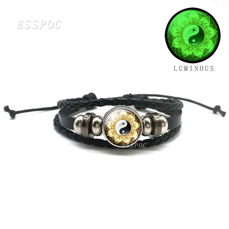 YinYang potins en cuir noir Bracelet lumineux rétro Tai Chi Kung Fu Logo bouton pression Bracelet hommes et femmes bijoux accessoires