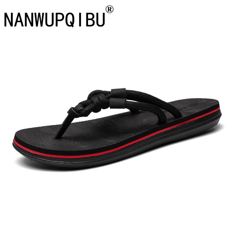 Tofflor flip flops män sommar coola män skor utomhus mjuka fritidsskor andas bekväma vävda tofflor män: Svart / 10