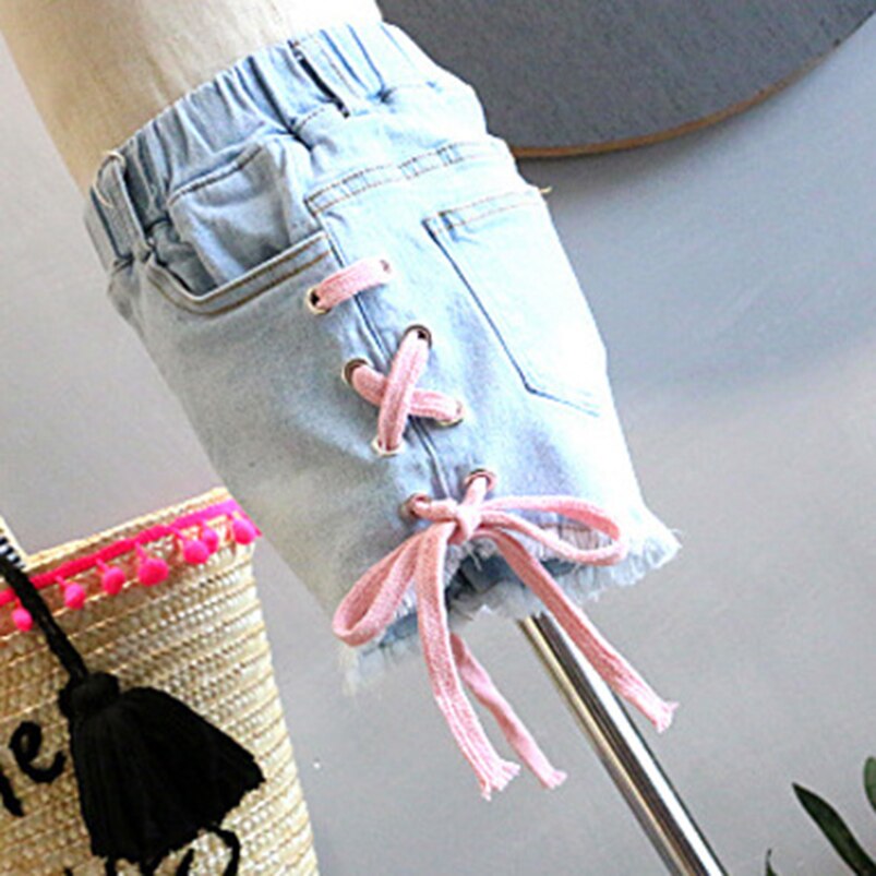 Baby Meisje Jeans Shorts Meisjes Zomer Side Sling Strik Jeans Kinderen Toevallige Denim Broek Kinderen Pocket Korte Broek 2-8Years