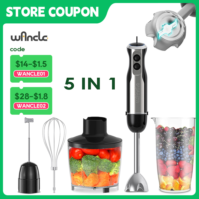 Wancle Elektrischer Stabmixer, Mixer, 1000 W, 5-in-1, leistungsstarker Küchenmixer für Schneebesen, Fleischwolf, Küchenmaschine