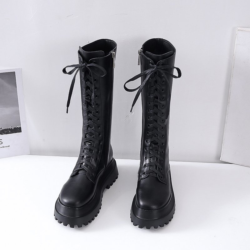 Bottes mi-mollet bottes femmes plate-forme noir PU croisé à lacets mi-mollet printemps automne bottes grande taille 35-40 V252: 6