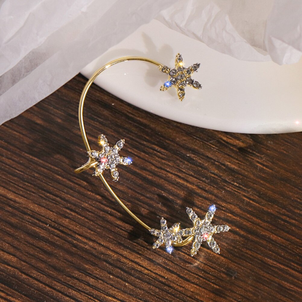 Korean Style Snowflake Ear Clips Without Piercing For Women Sparkling Zircon Ear Cuff Clip Earrings Wedding Party Jewelry: Gold Right