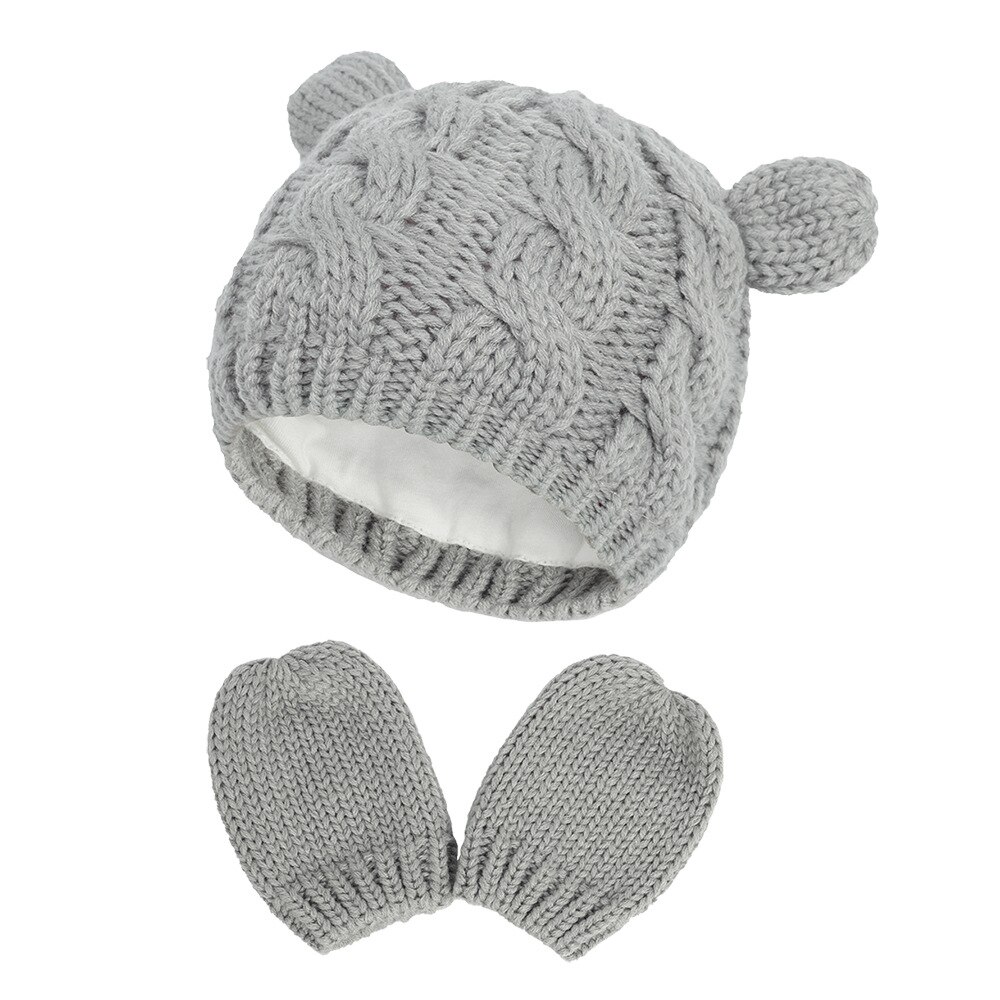 Vinter baby hüte für mädchen hut für junge herbst niedlich ohr baby gestrickte warme mütze + handschuhe kinder hüte kappe kinder: Grå / S  0-3 måneder