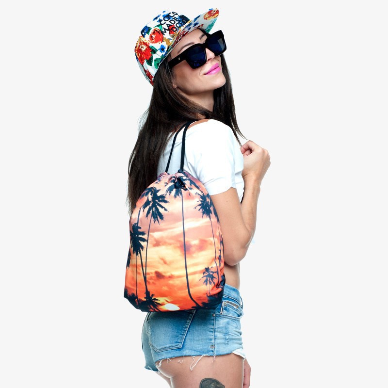 Mochila escolar con estampado 3D para hombre y mujer, morral con cordón, suave, puesta de sol