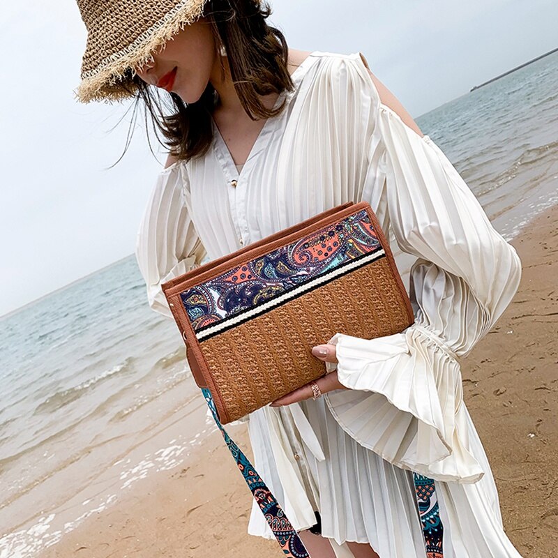 Bolso Boho de ratán, bolsa de paja para playa, bolso étnico de hombro para mujer con correa colorida, bolsos cruzados para mujer, marrón