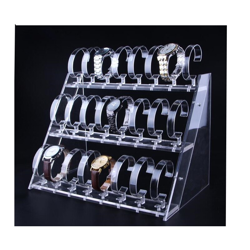 Clear Acryl Horloge display stand Drie Tiers Van 24 Bit Horloge Houder Sieraden Showcase Horloge Armband vertoningsrek