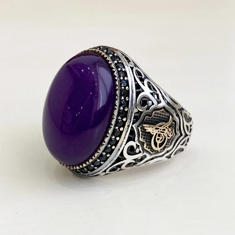 925 Sterling Silver Men Ring Original Rings Antique Pattern Amethyst Men Ring Vintage Jewelry Carving Pattern