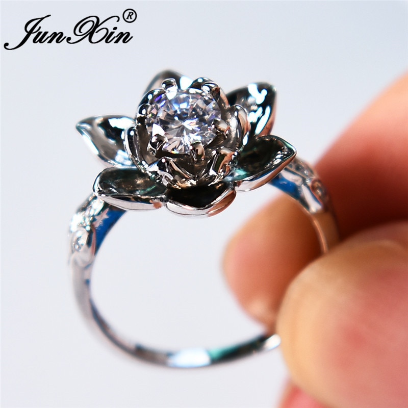 Junxin Charm Lotus Bloem Vrouwelijke Ring White Gold Filled Real Zirkoon Inlay Witte Ringen Voor Vrouwen Engagement Sieraden