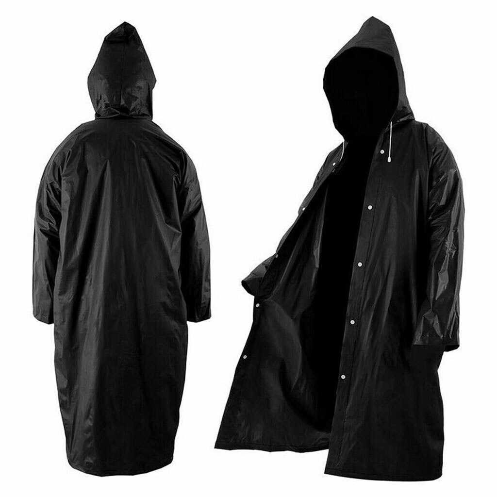 Women Men Solid Black Rain Poncho Long-Sleeved Hooded Raincoat Waterproof Packable Rain Jacket with Drawstrings