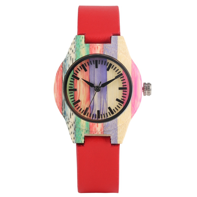 heren Horloge Luxe Houten Quartz Horloge Populaire Unieke Candy Kleur Volledige Hout Pols Vrouwen Horloge Mannelijke Klok Souvenir: red leather