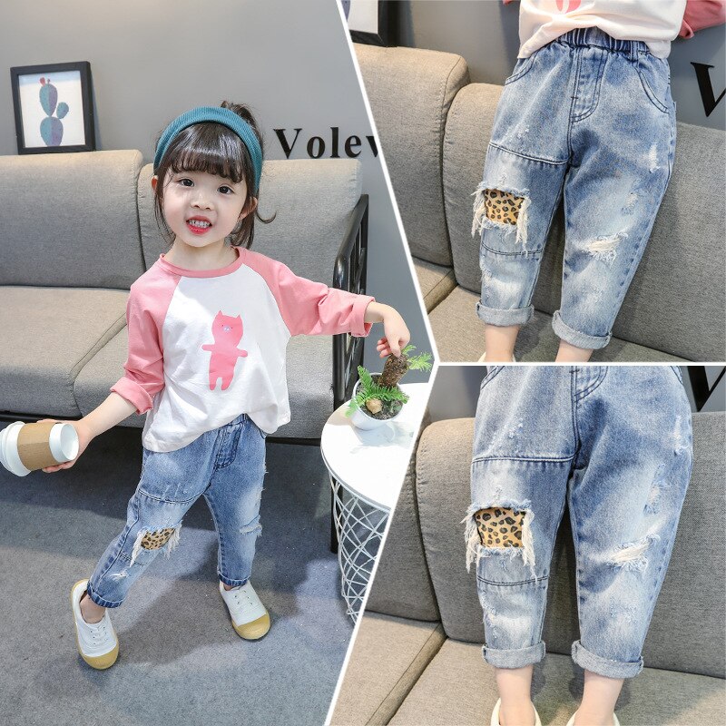Jeans Voor Kinderen Luipaard Jeans Met Gaten Broek Voor Jongen Broek Voor Meisjes School Broek Baby Meisje Jeans 3-8T Denim Meisjes