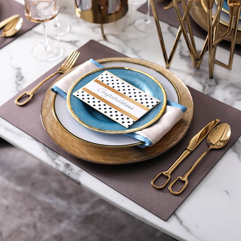 Luxury Lake Blue Glass Dinner Plate Modern Phnom Penh Glass Dinnerware Set For Wedding Banquet Round Plates Home Decor Supplies