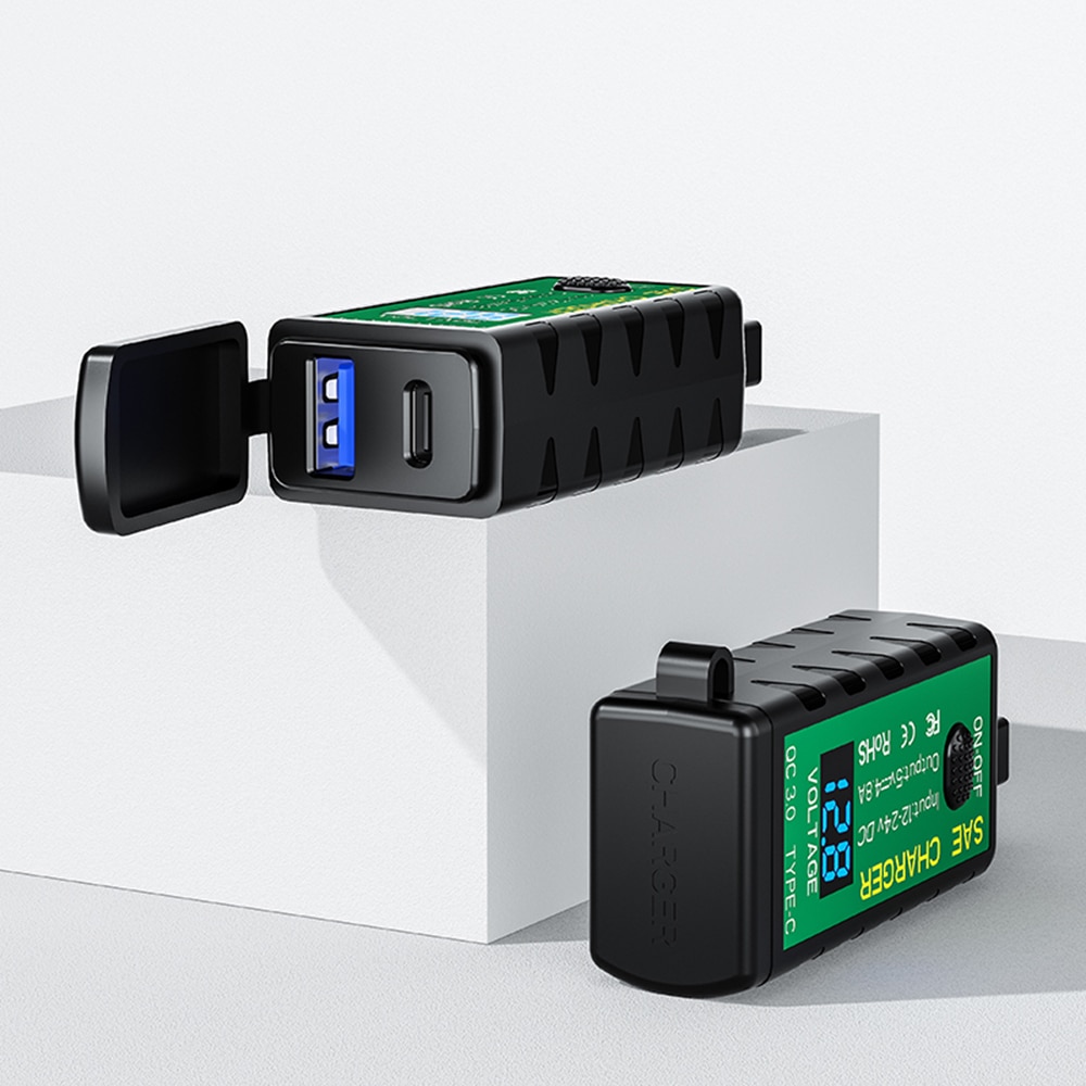 Vattentät motorcykelhandtag dubbel usb typ-c laddare skoter strömförsörjning uttag med voltmeter  qc3.0 snabbladdare