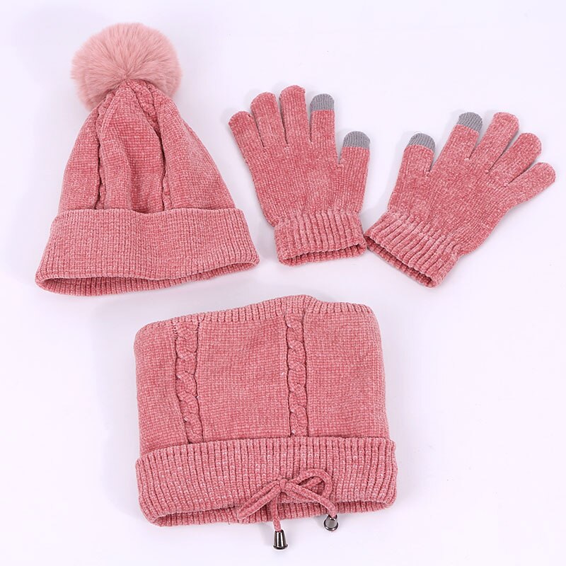 Conjunto de luvas e cachecol de malha com 3 peças, acessórios de inverno para mulheres e homens, orelhas quentes, gorros de tricô, com forro, lenço e luvas