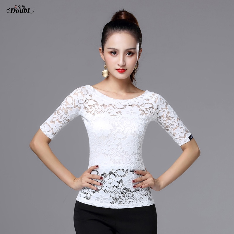 Dance Latin Dance Tops for Women's Girls Vogue Adult White Black Half Sleeve Boat Neck Lace Opaque Rumba Chacha Waltz Practice