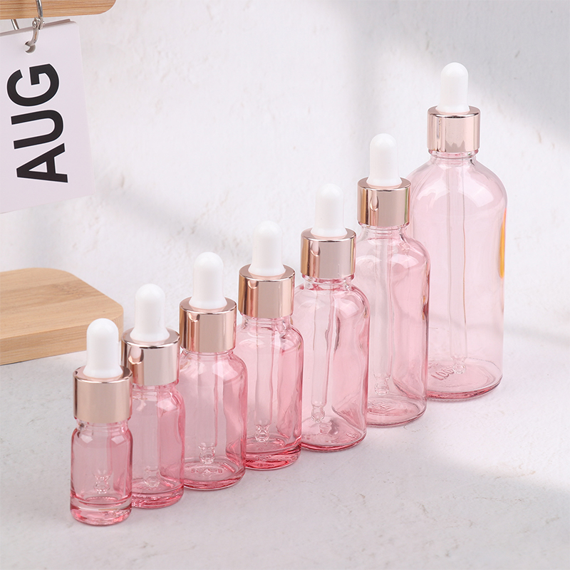 Tropfflaschen, nachfüllbar, 5–100 ml, Rosendeckel, Kosmetikbehälter, rosa Glas, Aromatherapie-Flüssigkeit für ätherische Massageöl-Pipette