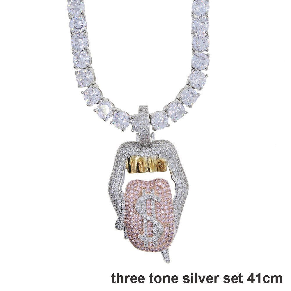 Iced out white pink mouth pendant Dollar symbol engraved hiphop bling cz pave tennis chain dripping Lip men boy necklace jewelry: three tone set 41cm