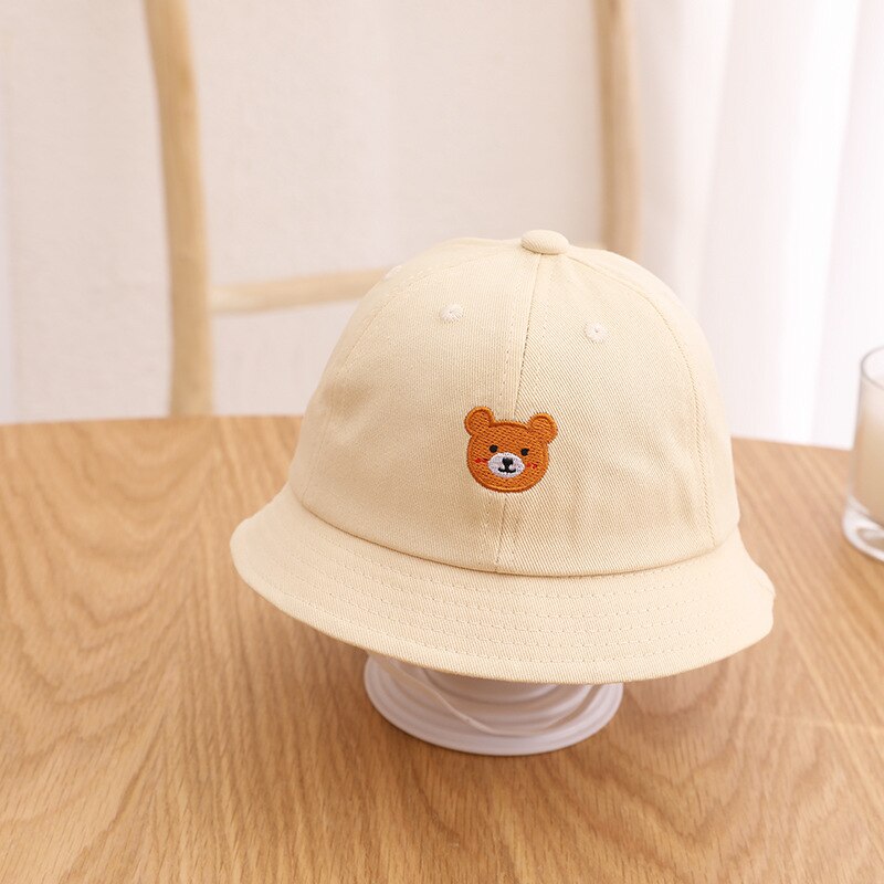 2022 sommar baby hink hatt tecknad söt björn broderi solhattar mjuk bomull utomhus barn fiskare panama mössa: Beige