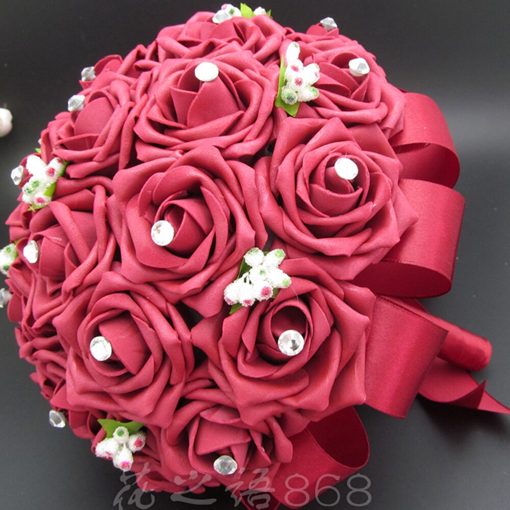 in stock Gorgeous Burgundy Handmade Wedding flowers White Bridesmaid Bridal Bouquets artificial Rose Wedding Bouquet