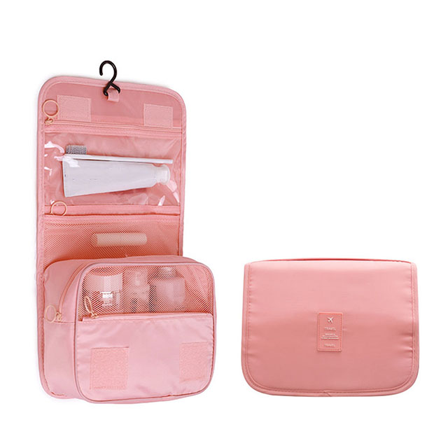 Nueva bolsa de maquillaje de viaje para niña, organizador de artículos de tocador impermeable, Neceser de para mujer, bolsa de lavado con gancho para baño, bolsa de almacenamiento con gancho: Rosa