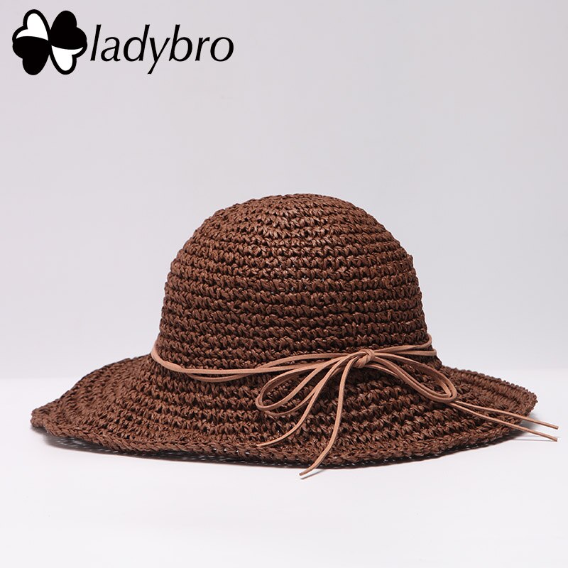 Ladybro Brand Ladies Sun Hat For Women Bowknot Raffia Straw Hat Foldable Summer Hat Wide Brim Beach Hat Female Chapeau Femme: 009 dark coffee