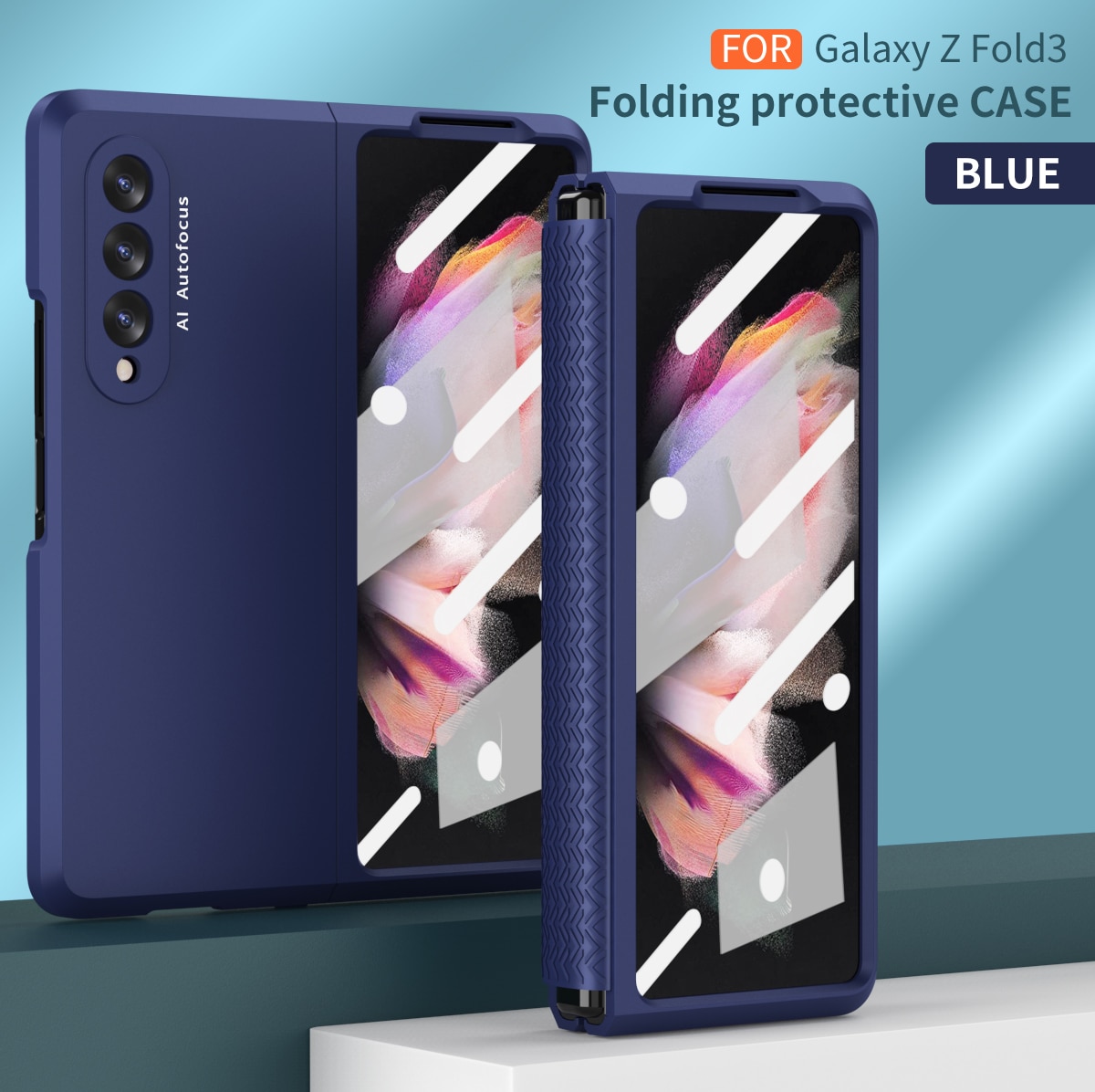 Para samsung galaxy z dobrar 3 dobradiça caso com filme de vidro frontal para galaxy z dobrar 3 5g tpu dobradiça caso completo telefone protetor funda: Azul