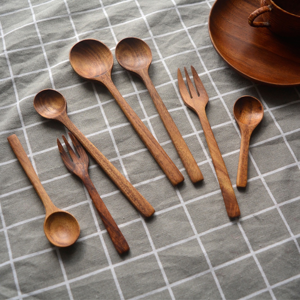 Natural Acacia Kitchen Wooden Spoon Salad Dinner Rice Serving Spoons Wood Fork Spoon Cutlery Tableware Coffee Mixing Spoon