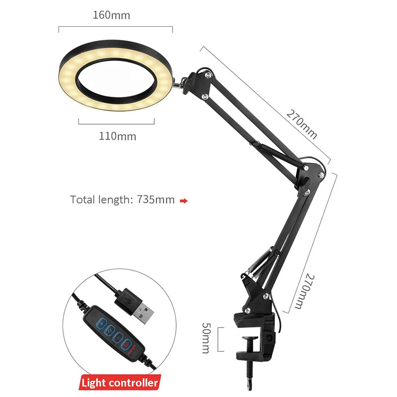 Flexibele Clamp-On Tafellamp Met 10x Vergrootglas Glas Swing Arm Dimbare Verlicht Vergrootglas Led Bureaulamp 3 Kleur modi Lamp