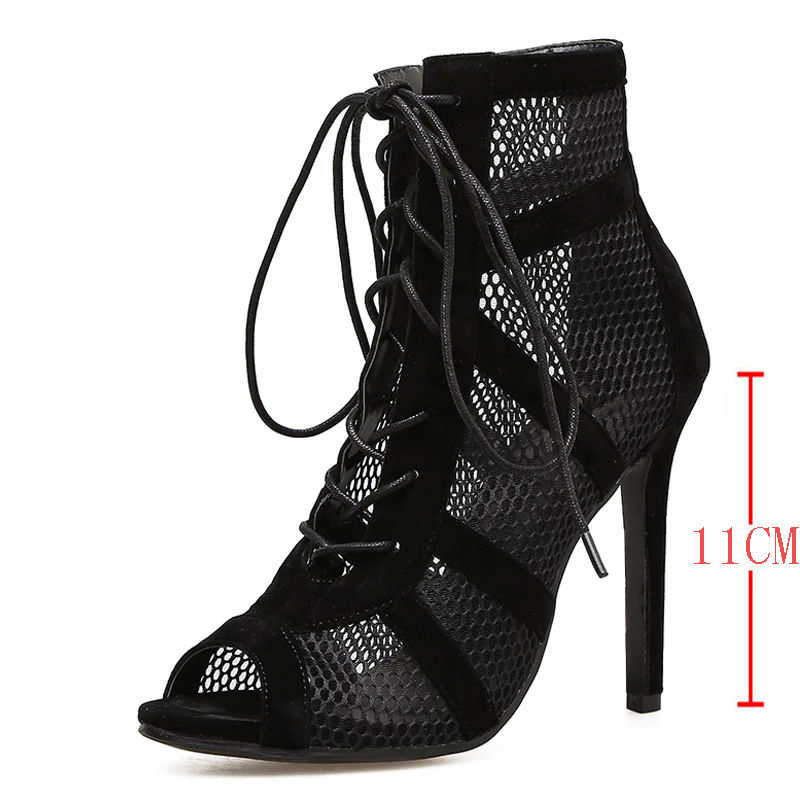 Zapatos negros sexis con cordones cruzados para mujer, cómodos tacones finos de , sandalias de baile con punta abierta, zapatos de tacón calados con correa en el tobillo: Castaño / 35