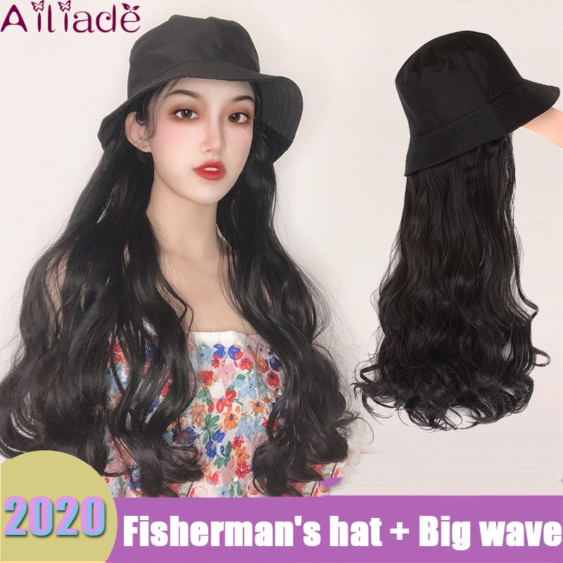 Perruque synthétique longue avec cheveux ondulés/lisses et chapeau bob noir avec extension capillaire