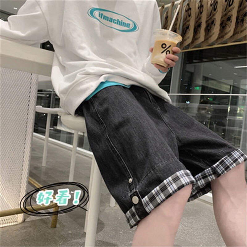 Curly Denim Shorts Men's Ins Large Size Straight Loose Wide-Leg Pants Summer Five-Point Mid-Pants Solid Color M-2XL