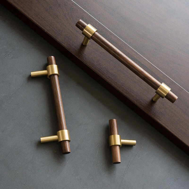 Natural wood+brass T bar Door Handles American style Furniture Wooden Handle Drawer Pulls Kitchen Cabinet Knobs and Handles