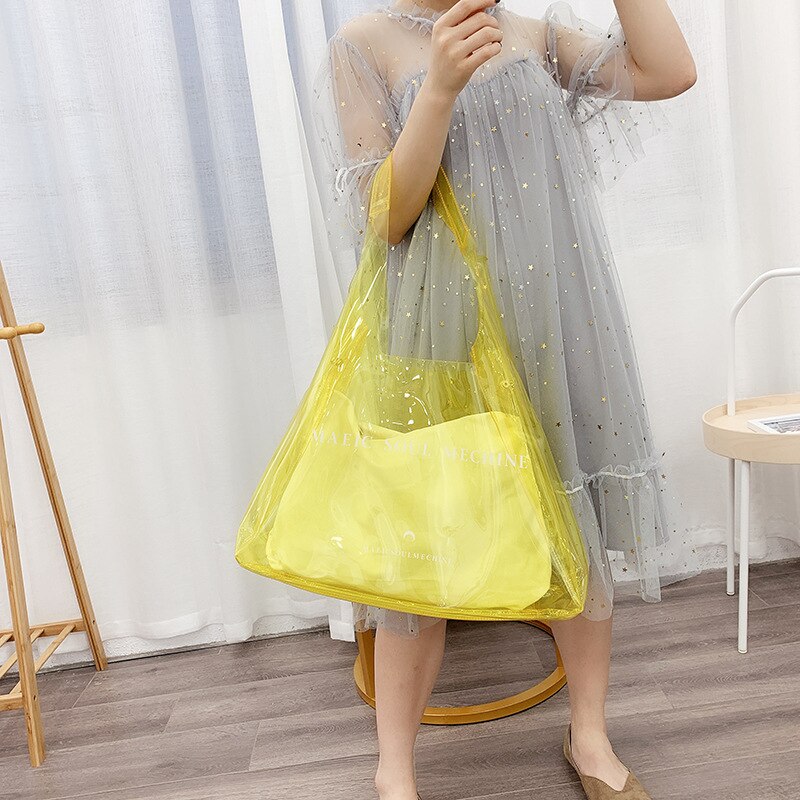 2019 Novo Saco Mulheres Bolsa de Ombro Grande Capacidade de saco de Praia PVC Transparente Geléia Bolsa Doces Casuais Tote Weekender Viagem Duffel Bag: Amarelo