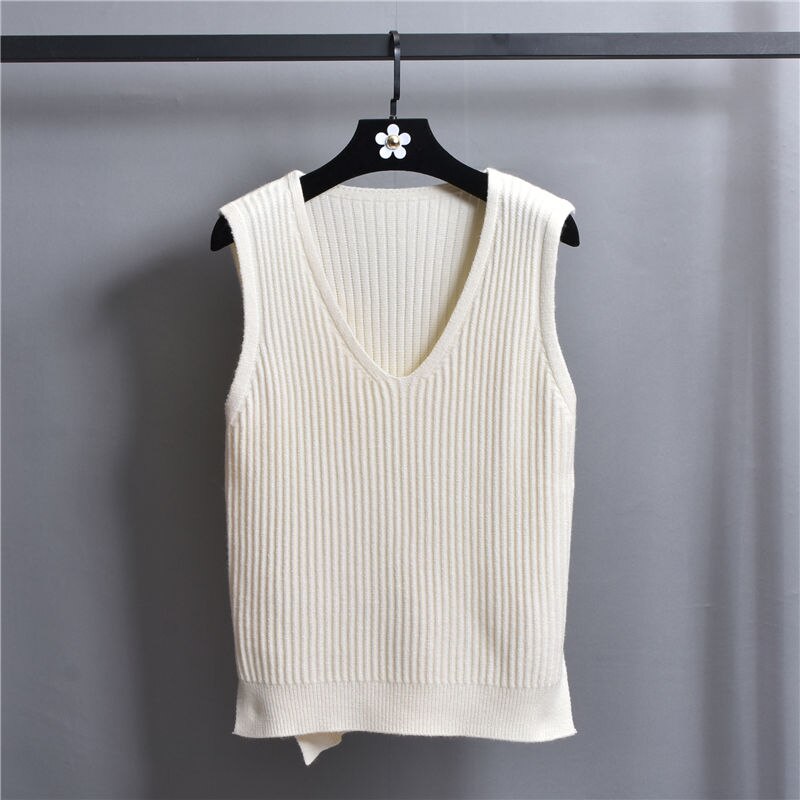 Strikket vest med v-hals, koreansk stil ensfarvet vest til kvinder løs vest stribet slim sweater frakke: Hvid
