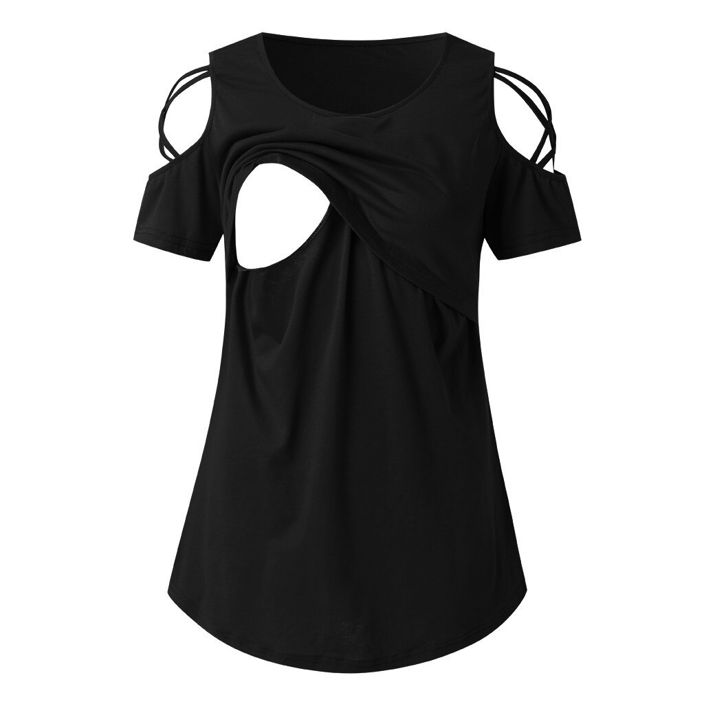 #50 Women Breastfeeding Nursing Tops Short Sleeve Strappy Cold Shoulder Shirts Pregnancy Clothes Zwangerschaps Kleding: L