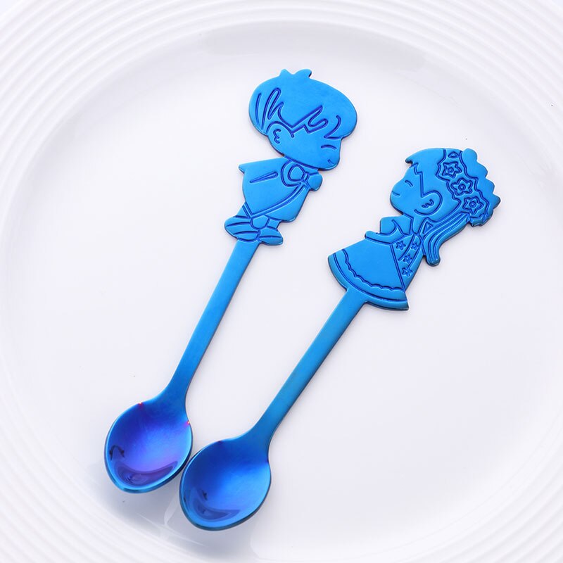 Cucharas de café románticas para pareja, cucharillas de té de colores, cubertería pequeña plateada, cuchara de postre de pastel dorado para I &amp; U, 2 uds.: Dark blue1 set