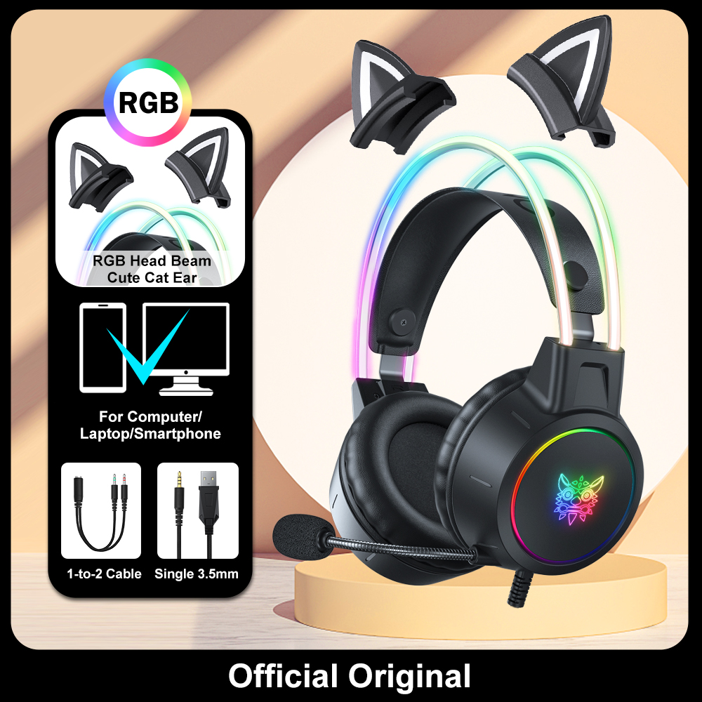 ONIKUMA X15 Pro słuchawki nauszne gamingowy zestaw słuchawkowy przewodowe słuchawki z redukcją różowe kocie uszy światło Rgb z mikrofonem na PC PS4: Czerwony