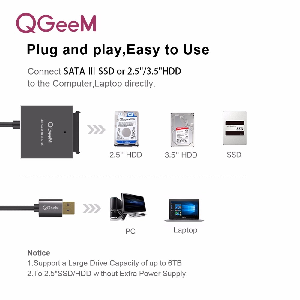 Qgeem Sata Naar Usb Adapter Usb 3.0 Kabel Naar Sata Converter Voor Samsung Seagate Wd 2.5 3.5 Hdd Ssd Harde disk Usb Sata Adapter