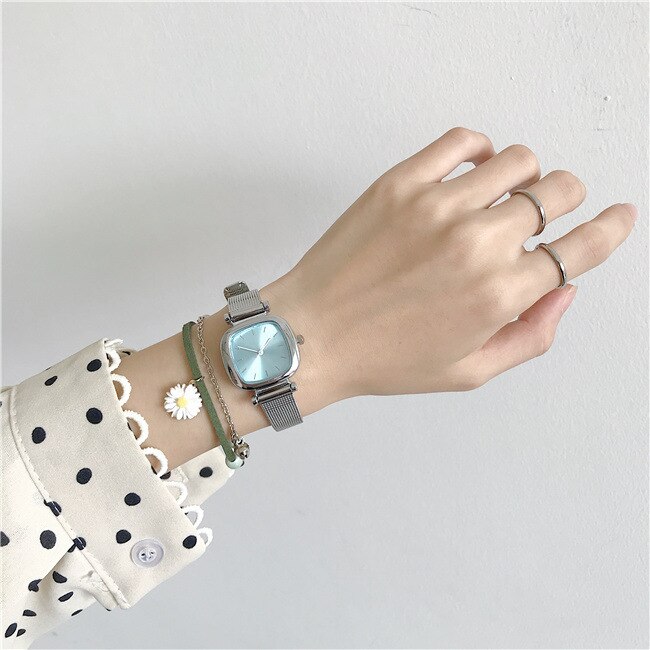 Relojes cuadrados Retro para mujer, reloj de cuarzo a la , relojes de pulsera de cuero Vintage, reloj pequeño Simple para mujer: Silver blue