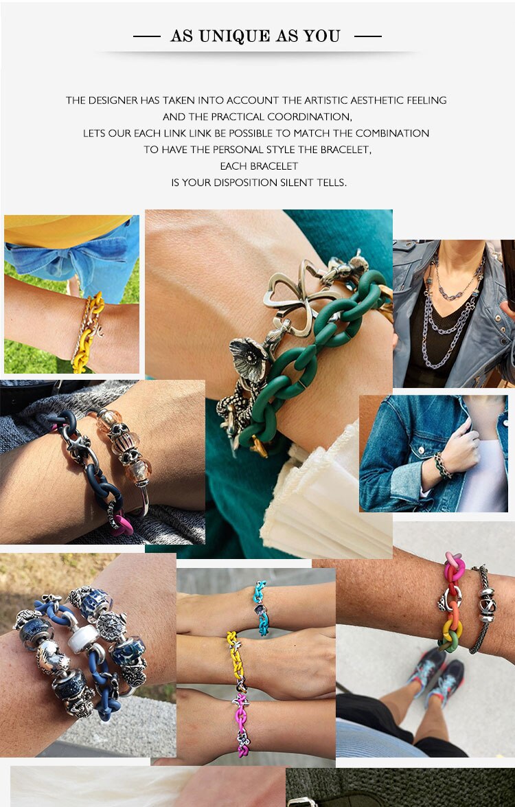Round 925 Sterling Silver Charm fit punk rock bracelet Cuban chain men bracelet women jewelry Simple Style hand chain