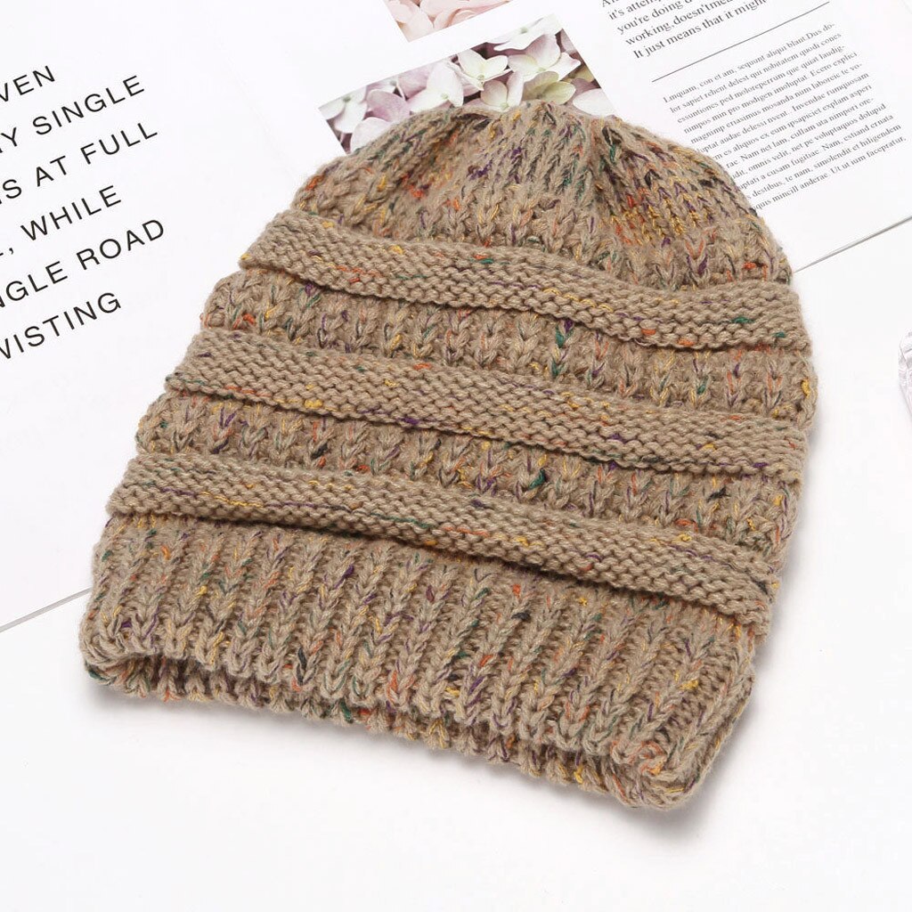 Ponytail Beanie Women's Girls Stretch Knitted Wool Crochet Hats With Label Caps Messy Bun Holey Warm Hat Winter Warm Cap Beanies