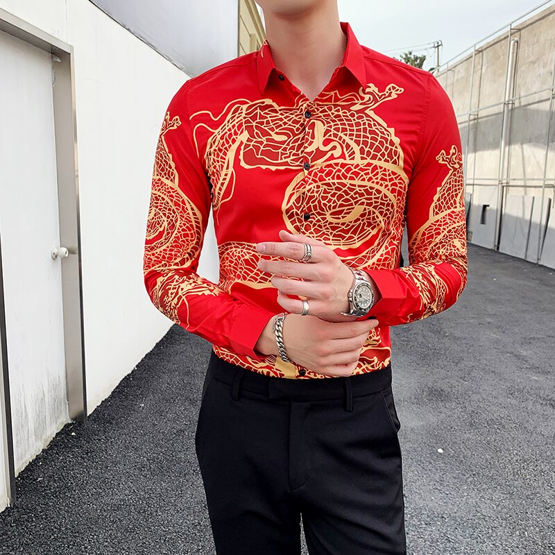 Chinesische Neue Jahr Kleidung Herren China Hemden schlank passen verrotten Chinesischen Spitzen Traditionelle Chinesische Kleidung für Männer Drache Gedruckt Hemden