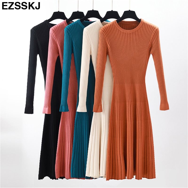 Vestido femenino de punto grueso con manga larga para otoño e invierno, traje básico con cuello redondo para mujer, corte en A, informal