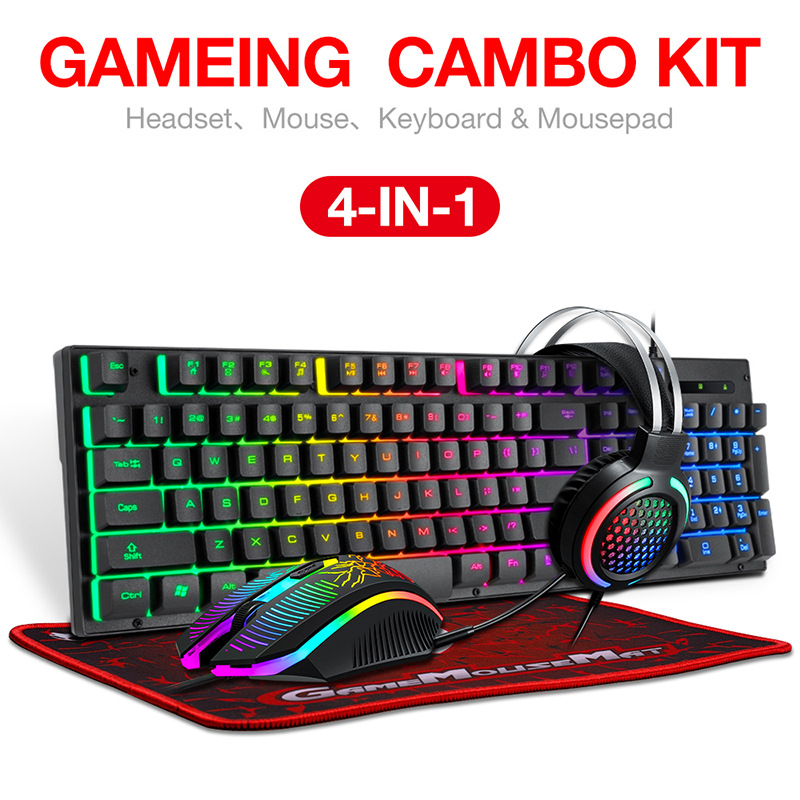 EAOR 4pcs Game Keyboard + Mouse + Headset + Mouse Pad Set, 2400DPI RGB Luminous Wired Gaming Keyboard Mouse Combos for PC Gamer
