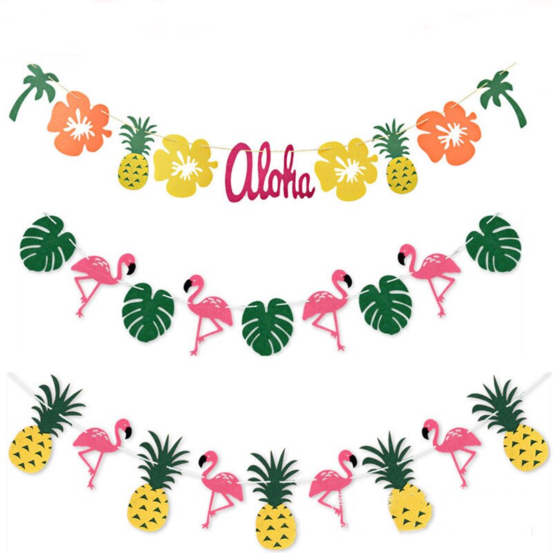 Hawaiian Tropical Party Decorations Pull Flower Bunting Pineapple Flamingo Happy Birthday Party Decor Banner Hawaii Pull Flag