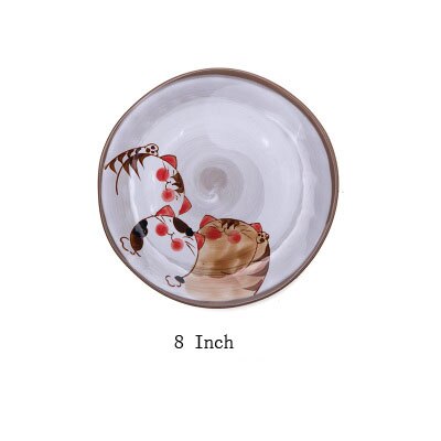 Japanese Handmade Series Ceramic Plate Tableware Cat Pattern Plate Fish Plate Cute Family Dinner Plate Support Plates: 8inch round plate