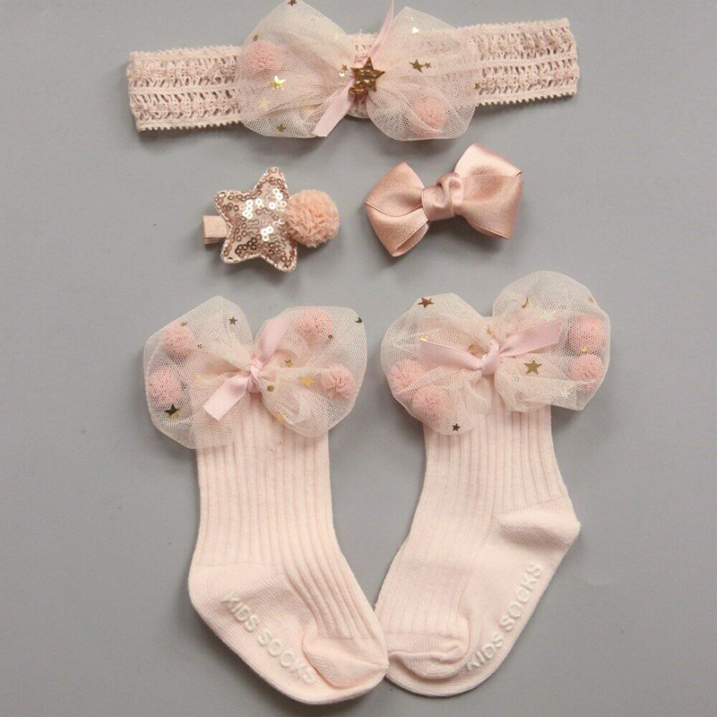 Newborn Baby Socks Headband Set Toddler Kids Crib Ankle Socks Hair Band Bow Hair Clip Set Princess Cute Lovely