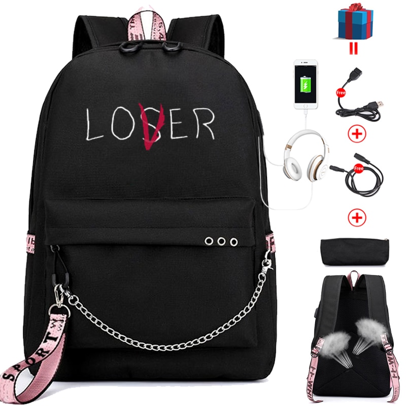 Lover Loser, mochila escolar grande para chicas adolescentes, mochila de carga Usb, bolsa de libro para mujeres, mochila de instituto, mochila de ocio juvenil