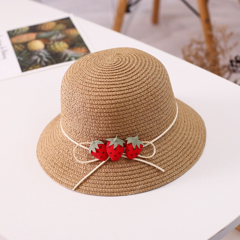 bonnet bebe fille Ensemble chapeau et sac en paille ondulé à la fraise pour fille, 2 pièces, accessoires de protection solaire pour enfants de 3 à 8 ans, printemps et été: Hat-Khaki