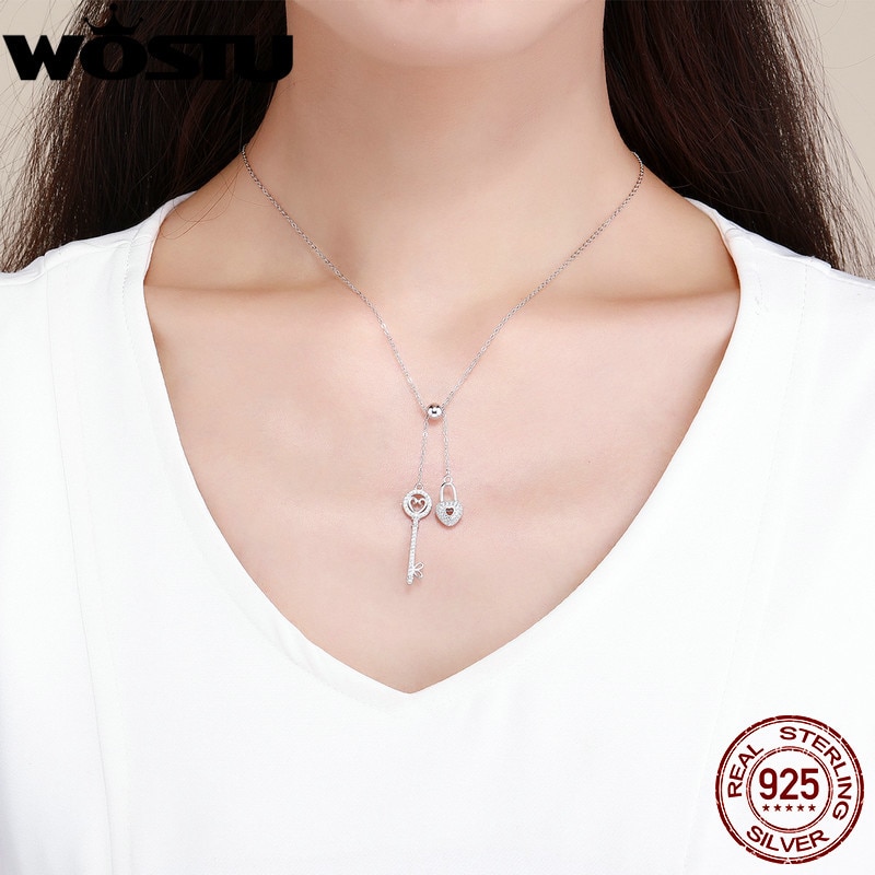 WOSTU Luxury 925 Sterling Silver The Key of Heart Lock Pendant Necklace For Women Girlfriend Wife Jewelry CQN290